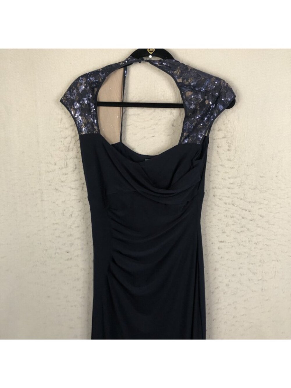 statement Dress Womens 10 Navy Blue Fitted Sequin Sleeves Formal - Picture 16 of 16